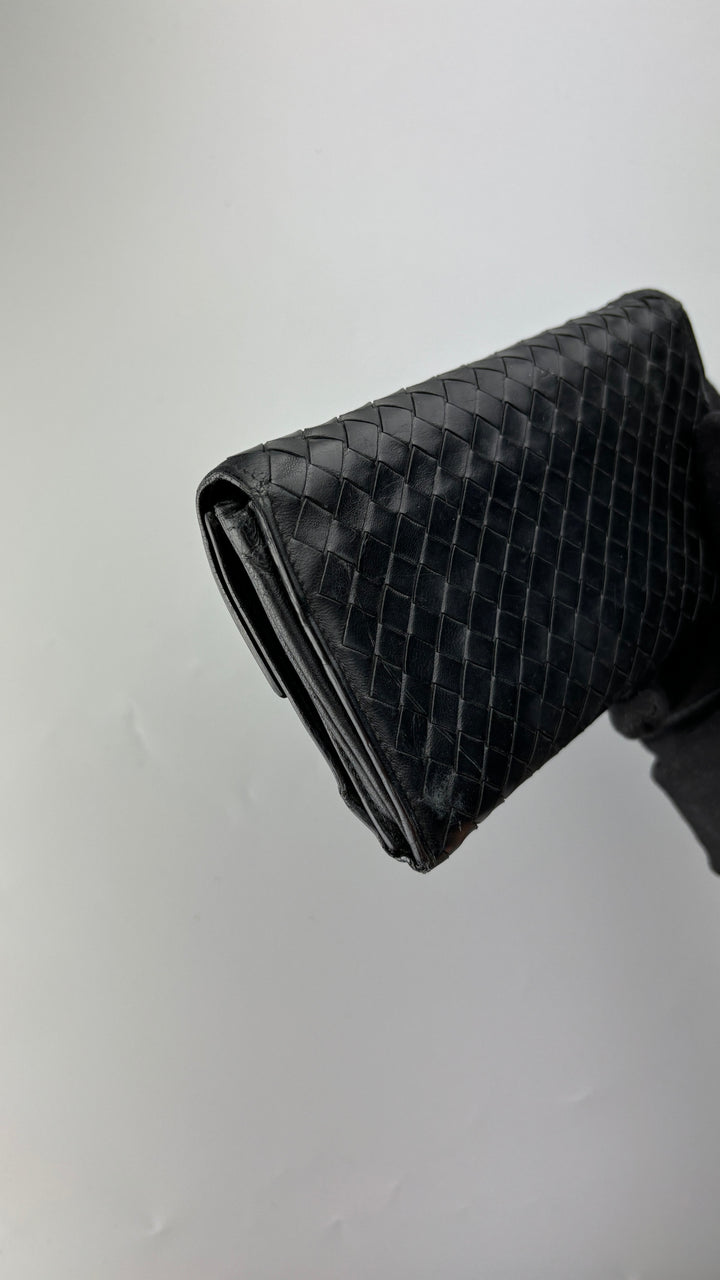 vintage Bottega Veneta Intrecciato Wallet schwarz unisex, second hand botega veneta geldbeutel schwarz