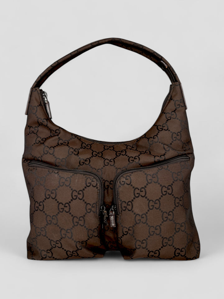 vintage Gucci Double Pocket Hobo Bag Damen braun, second hand gucci women handbag brown