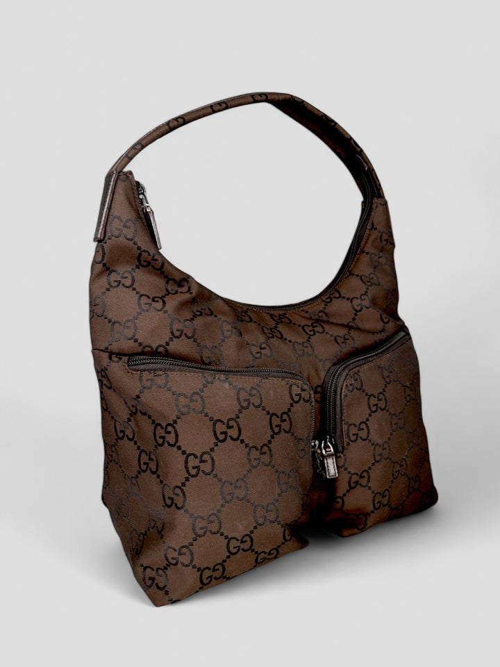 vintage Gucci Double Pocket Hobo Bag Damen braun, second hand gucci women handbag brown