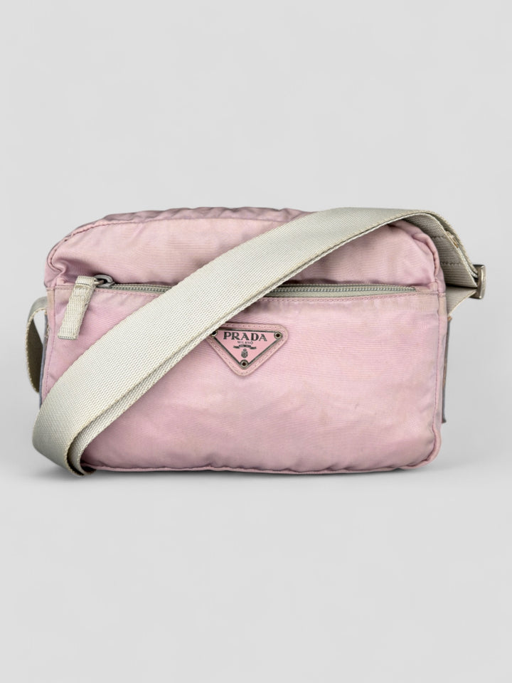 vintage Prada Nylon Umhängetasche rosa unisex, second hand prada crossbodybag pink